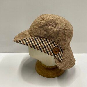 Tan Linen Cadet Cap Striped Trim Button